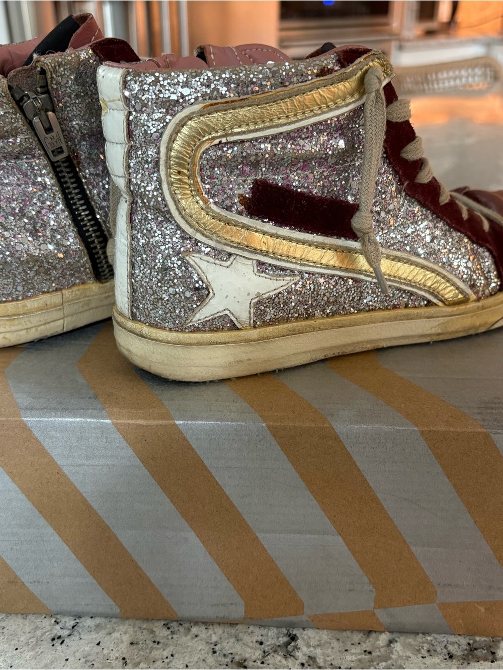 Golden Goose Pink Glitter High-Top Sneakers with Gold Accent and White Star